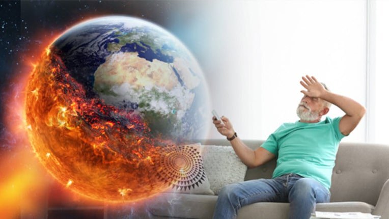 A man sits on a couch with a remote control, looking distressed—an image of a burning Earth is superimposed beside him, highlighting the impact of AC problems and improper AC installation.