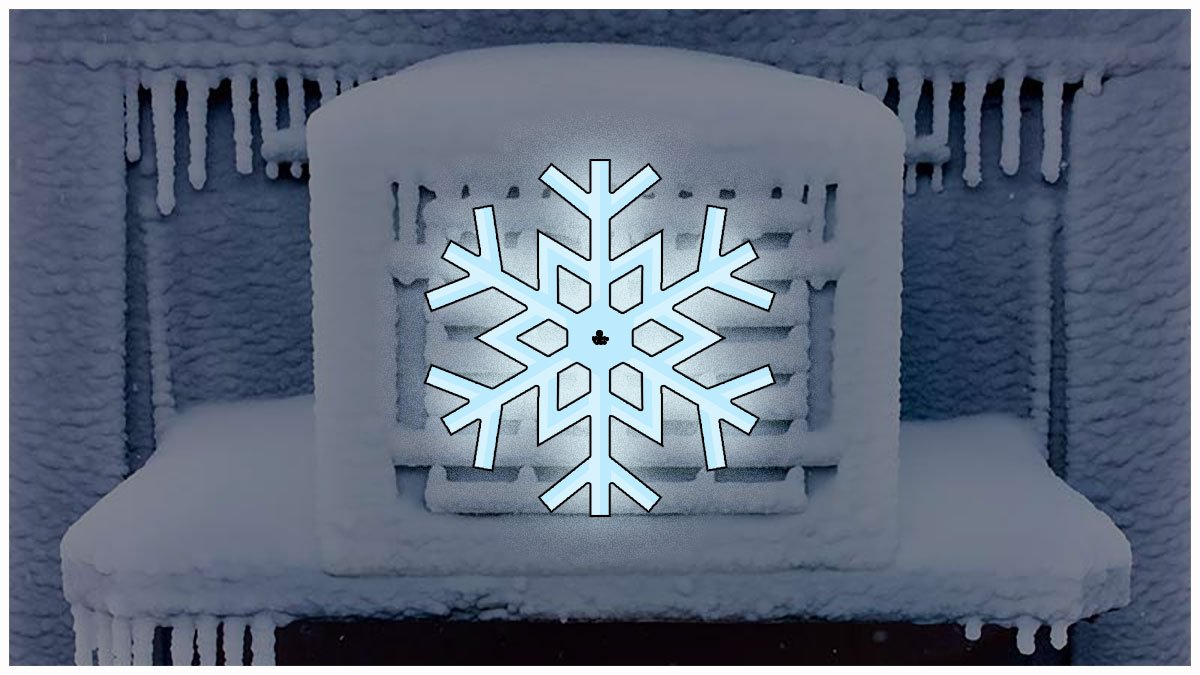A snow-covered central air conditioning unit with icicles hanging around it and a large blue snowflake graphic over the front grill, illustrating a frozen AC in need of air conditioning repair.