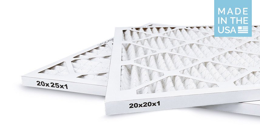 Two rectangular air filters labeled "20x25x1" and "20x20x1" are displayed overlapping, with a "Made in the USA" label in the top right corner—perfect for Automatic Delivery when you order central air filters.