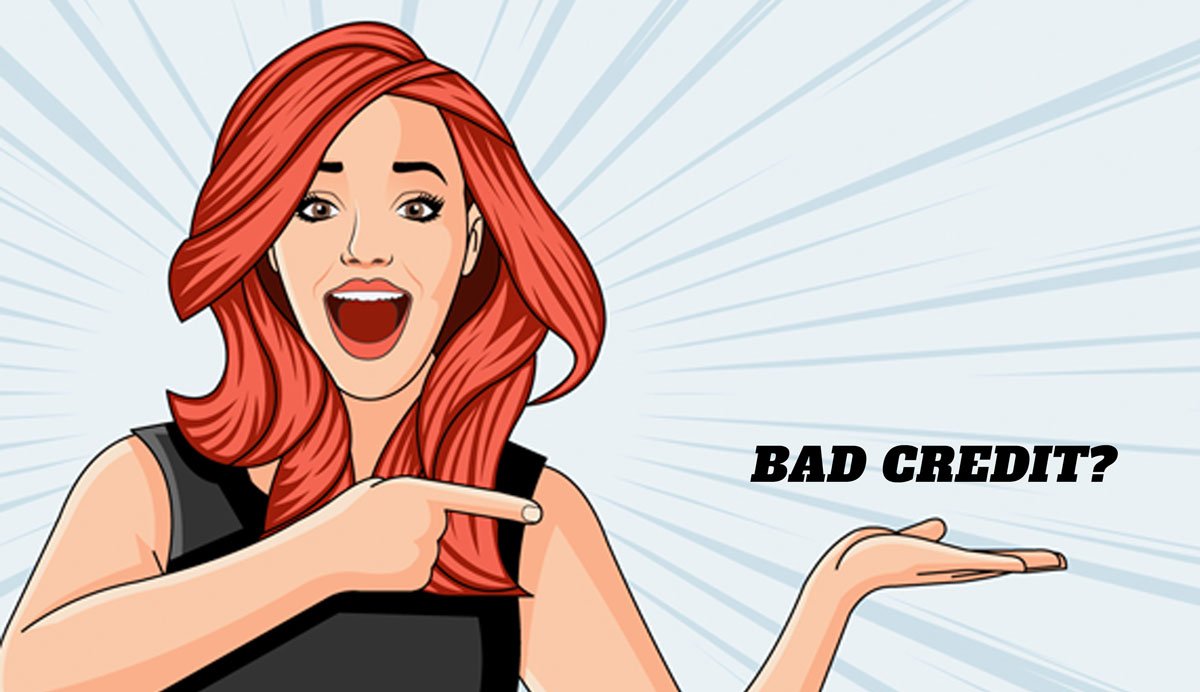 Cartoon woman with red hair and black top smiles and points to the words "BAD CREDIT?" on her open palm, highlighting AC financing options for a new AC unit, even if you have bad credit.
