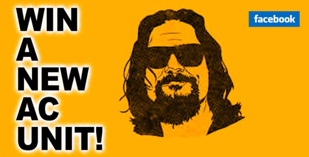 Yellow background with stylized illustration of a bearded man in sunglasses. Black text reads “WIN A BRAND NEW AC!” A blue Facebook logo appears in the top right corner, inviting you to join the exciting AC contest.