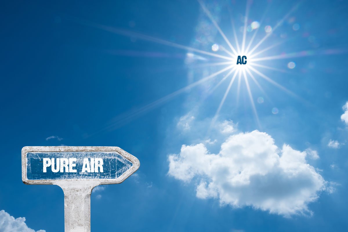A blue sky with clouds, the sun labeled "AC," and a street sign reading "PURE AIR" in the foreground highlight air purifier benefits amid the rise of air purifiers.