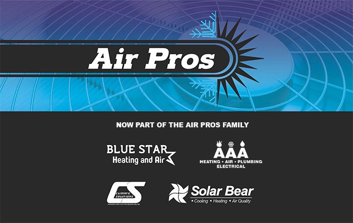 Air Pros logo with text: "Now part of the Air Pros family" above logos for Blue Star, AAA, Current Solutions, and Solar Bear. Background features a fan and blue gradient, highlighting expertise in AC systems and air filters.