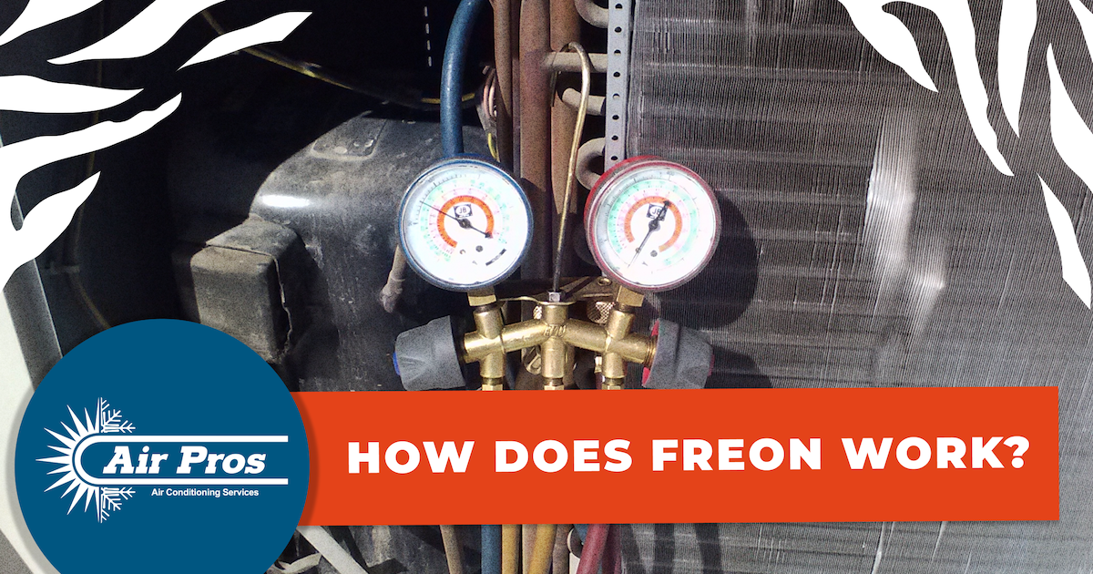 Two pressure gauges are attached to air conditioning equipment; text on the image reads, "How does freon work?" with the Air Pros logo on the left, highlighting freon's essential role in keeping your system cool.