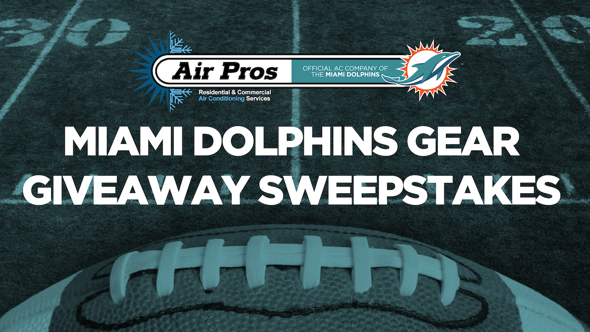 A football on a field with text: "Miami Dolphins Gear Giveaway Sweepstakes," featuring logos for Air Pros and the Miami Dolphins—don’t miss out on the ultimate giveaways and contests!.