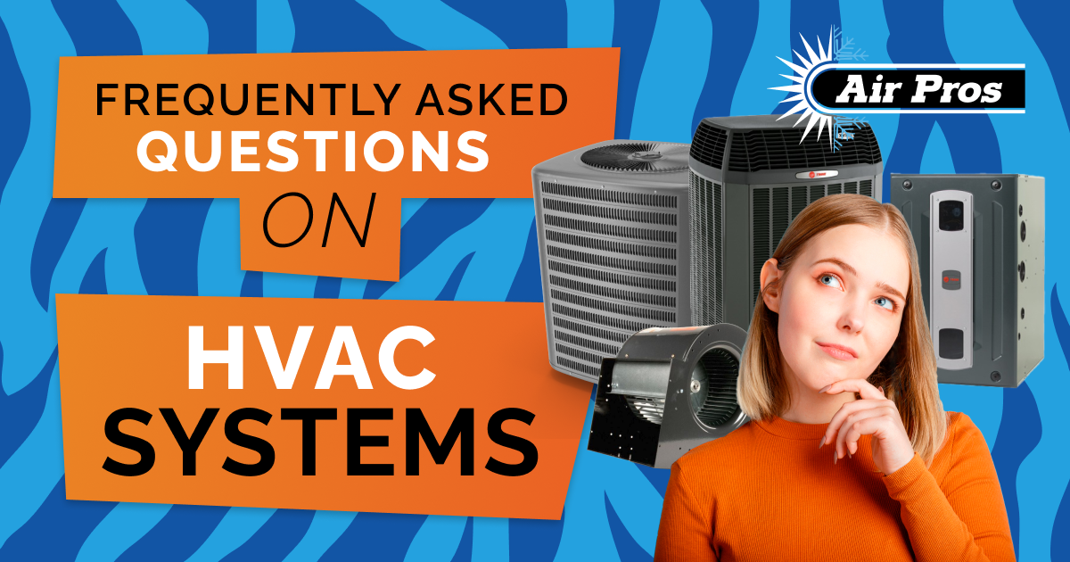 A woman thinking is pictured beside various HVAC units, with text reading "HVAC FAQ: Frequently Asked Questions on HVAC Systems" and an "Air Pros" logo on a blue patterned background.
