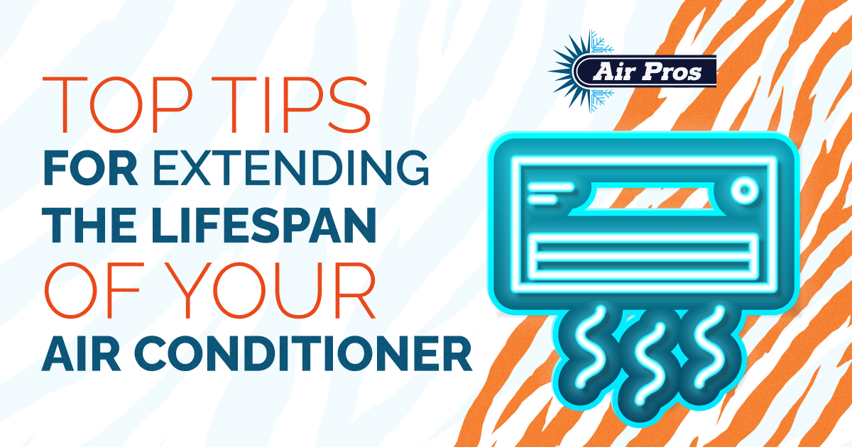 Text reads "Top tips for extending the lifespan of your air conditioner" with Air Pros logo, a graphic of an air conditioner blowing cool air, and a white and orange patterned background highlighting maintenance advice.