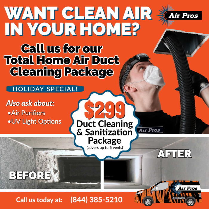 A technician from a trusted AC repair company cleans an air duct; the ad promotes a $299 home air duct cleaning package with before-and-after images and a contact number for Air Pros.