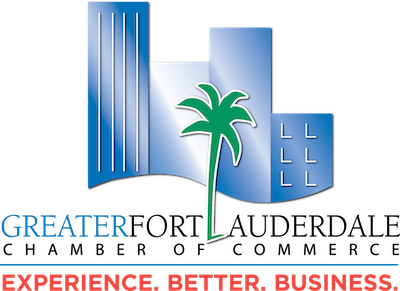 Logo of the Greater Fort Lauderdale Chamber of Commerce features stylized buildings, a green palm tree, and the slogan "Experience. Better. Business." at the bottom, representing the spirit of Fort Lauderdale business excellence.