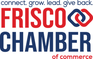 Frisco Chamber of Commerce logo with the tagline "connect. grow. lead. give back." in blue and red text, featuring interlocked chain-link graphic, similar to the collaborative spirit of the Greater Fort Myers community.
