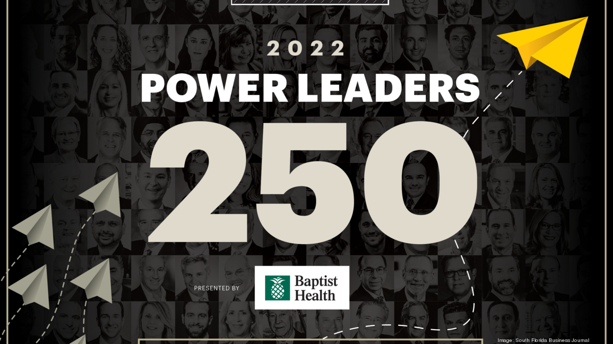 A banner reading "2022 Power Leaders 250" presented by Baptist Health and South Florida Business Journal, features stylized paper airplanes and a collage of black and white headshots, including Anthony Perera, in the background.