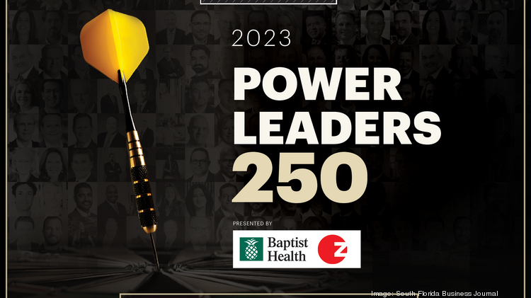 A yellow dart over a dark mosaic background with text: "2023 Power Leaders 250, presented by Baptist Health and South Florida Business Journal," plus another logo.