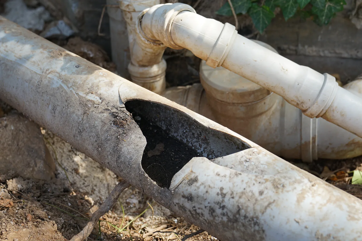 A large hole is visible in a damaged, dirty PVC pipe, with other intact pipes and some vegetation in the background.