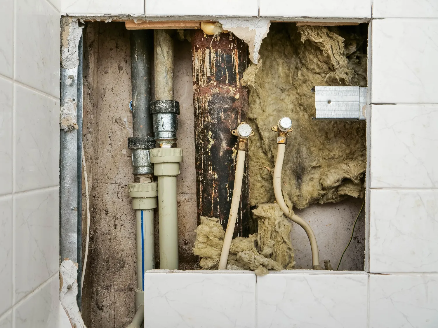 Exposed plumbing and insulation behind a section of removed bathroom wall tiles, showing pipes, fittings, and wall structure.