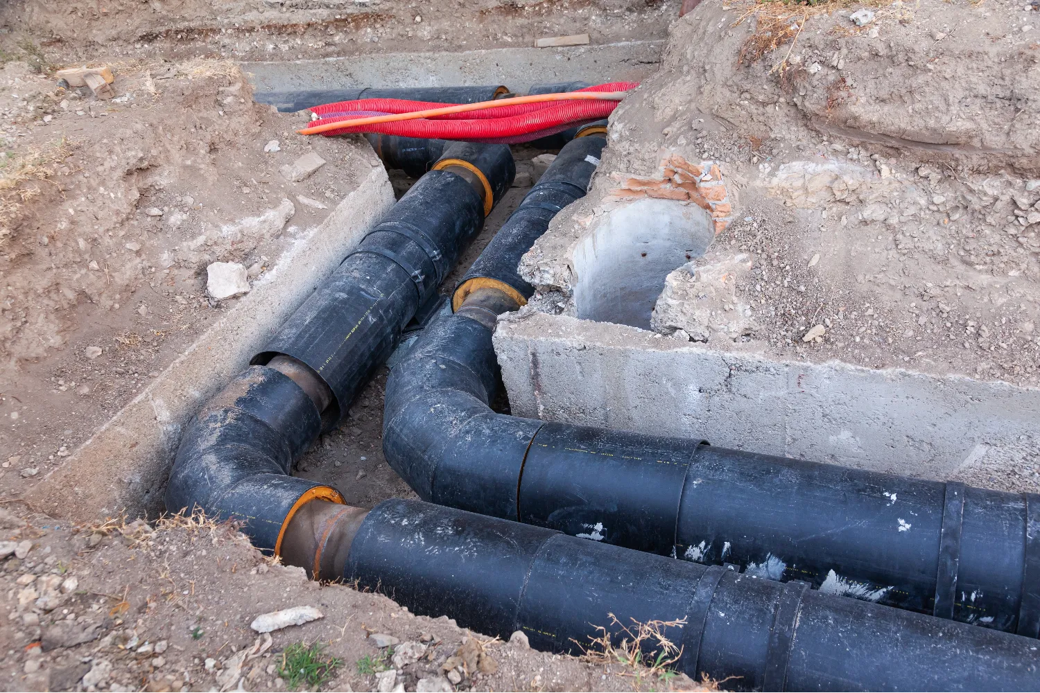 Three large black pipes and two red cables are laid underground in a trench, partially surrounded by concrete and exposed soil, as part of a water line installation project.