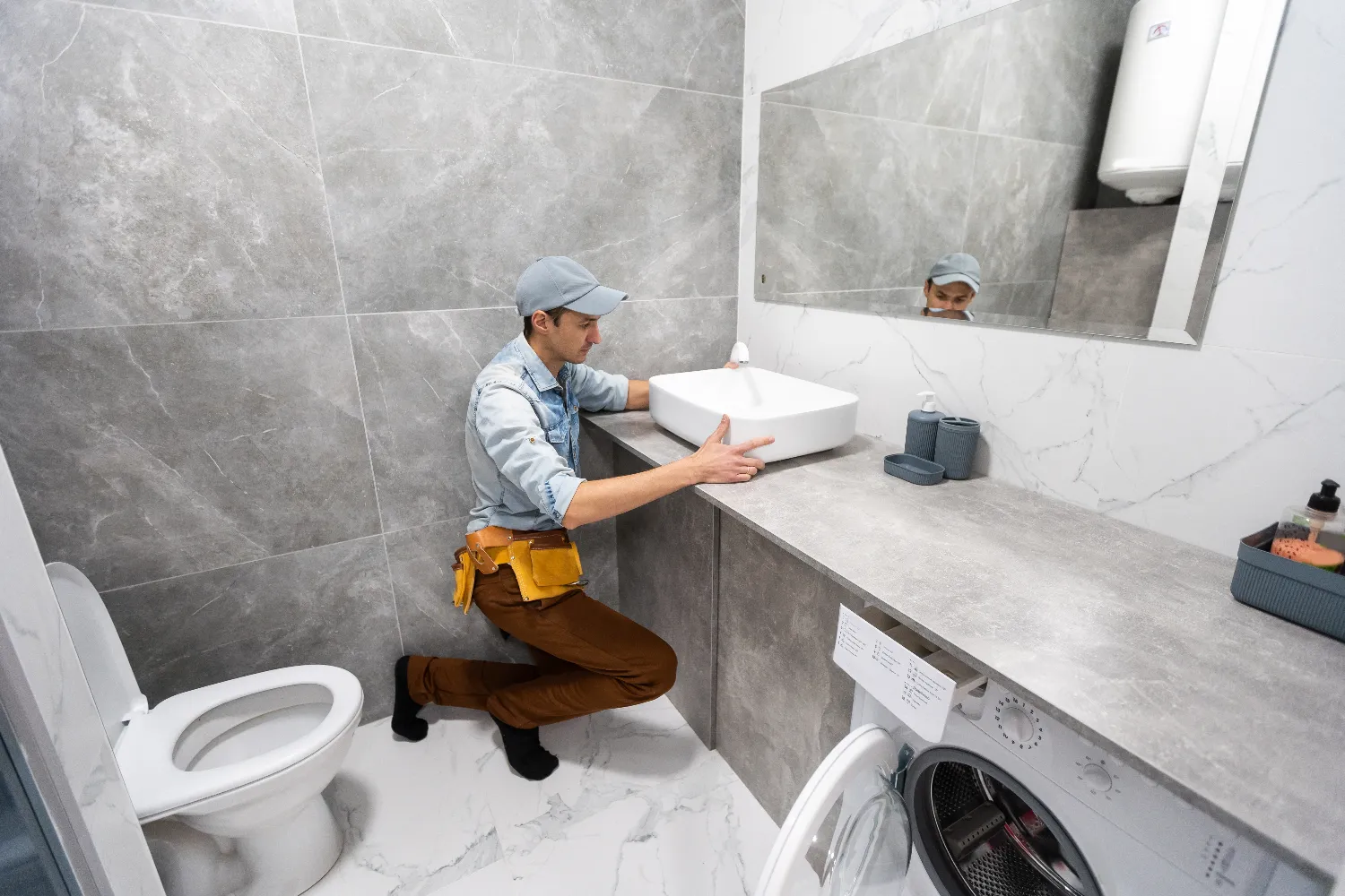 A plumber in work attire is kneeling and installing a white sink on a bathroom countertop next to a washing machine and toilet, showcasing expert Bathroom Plumbing skills.