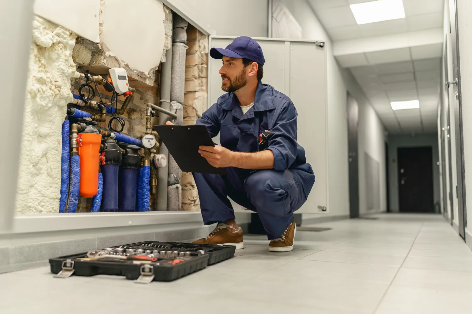 A maintenance worker in uniform inspects building plumbing and pipes for faucet leak repair, holding a clipboard, with a toolbox open on the floor in a corridor.