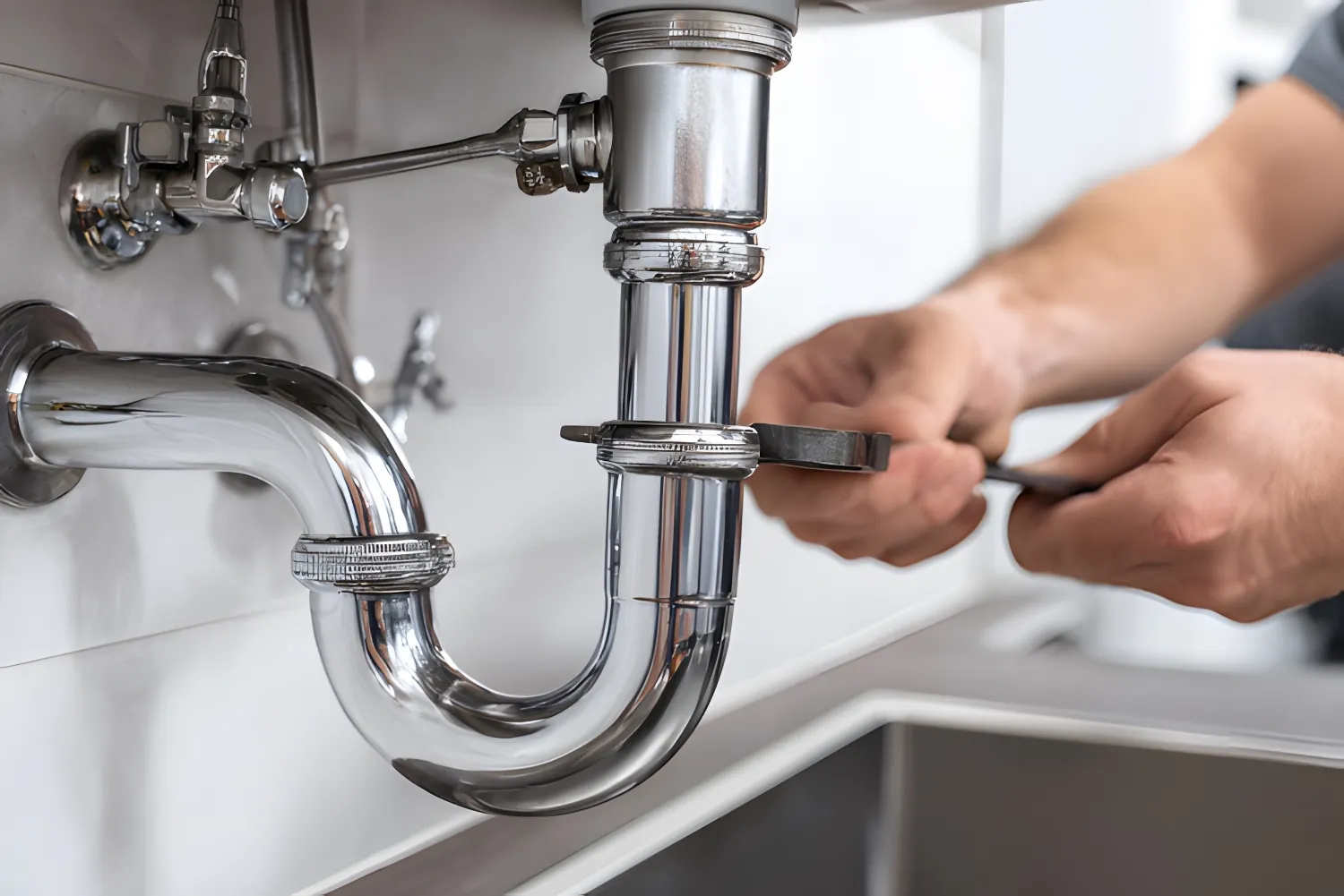 A person uses a wrench to tighten a metal pipe under a sink, working on plumbing connections.